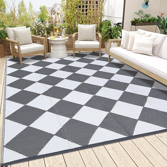 GarveeLife 8x10 Outdoor Rug for Patio Reversible, Plastic Straw Rug Waterproof Camping Rug Portable, Foldable Lightweight Mat for RV, Patio, Backyard, Deck, Picnic, Beach (Grey/White)