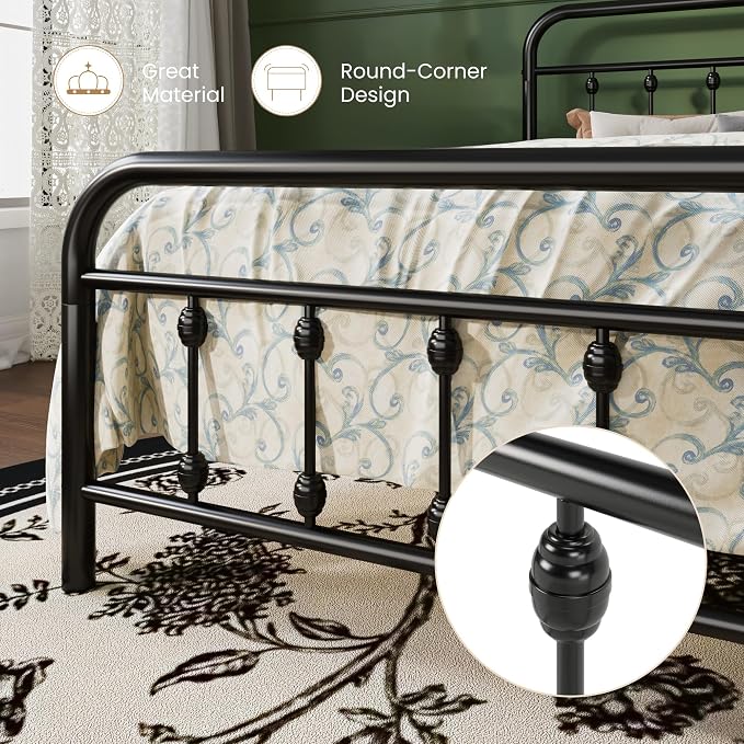 SHA CERLIN King Metal Bed Frame with Victorian Iron-Art Headboard, Black | Victorian Iron-Art Headboard and Footboard, Easy Assembly, Under Bed Storage, No Box Spring Required