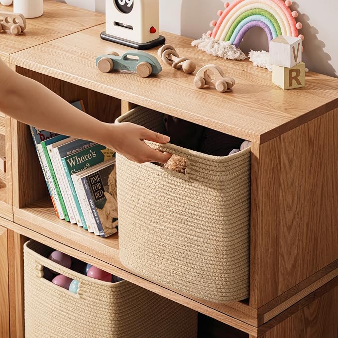 UBBCARE Set of 4 Storage Basket-11 X 10.5 X 10.5 In, Cotton Rope Basket for Shelves, Toys, Book, Cube Storage Bins with Handles, Woven Storage Baskets for Organizing, Brown