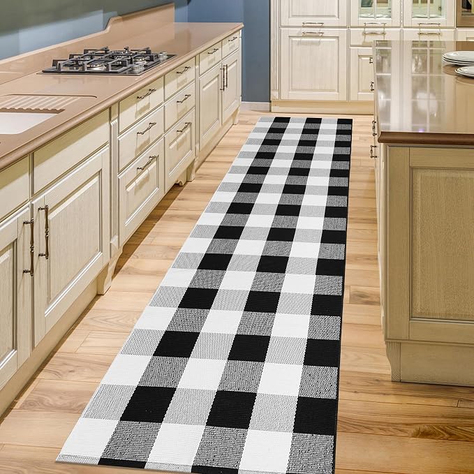 Buffalo Plaid Runner Rug 2x8 Feet Black and White Checkered Area Rug Farmhouse Hallway Rug Cotton Woven Washable Carpet for Entryway Kitchen Bedroom Living Room