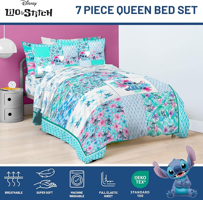 Disney Lilo and Stitch Queen Comforter Set 7 Piece Cartoon Bedding, Multi | Floral Bed in a Bag, Comforter Sheets Shams Pillowcases, Official Product, Soft Microfiber, Machine Washable, Girls Gift