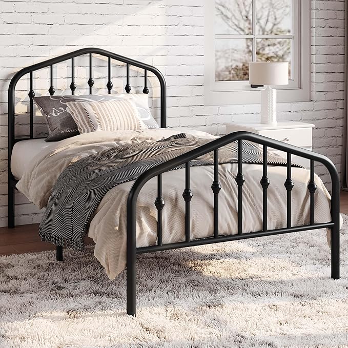 SHA CERLIN Twin Size Metal Bed Frame with Wrought Iron-Art Headboard, Black | Victorian Style Metal Platform Bed Frame, Wrought Iron-Art Headboard and Footboard, Under-Bed Storage, No Box Spring Needed