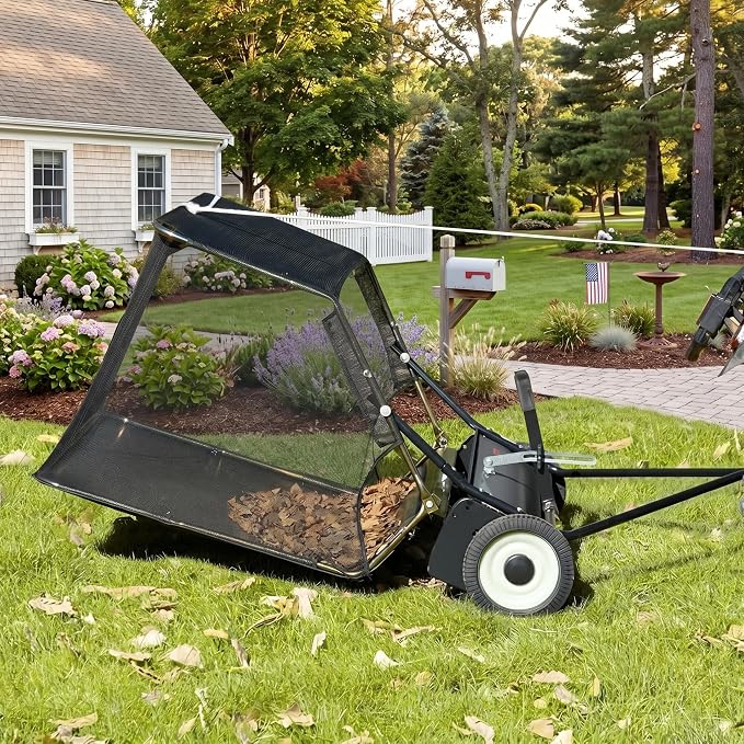 Garvee 52 in Tow-Behind Lawn Sweeper, 10 in Nylon Brushes, Universal Tractor/ATV Hitch, Never-Flat Wheels, Adjustable Height, Ideal for Leaves, Grass & Debris