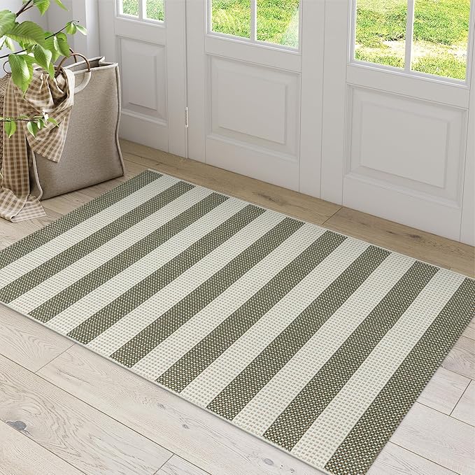 OJIA Outdoor Rug 3'x5' Washable Entryway Rugs Front Door Mat Porch Rug | Cotton Woven Fall Door Mat Front Door Rug Small Area Rug Outdoor Doormat for Porch Decor Kitchen Patio Bathroom Green/White