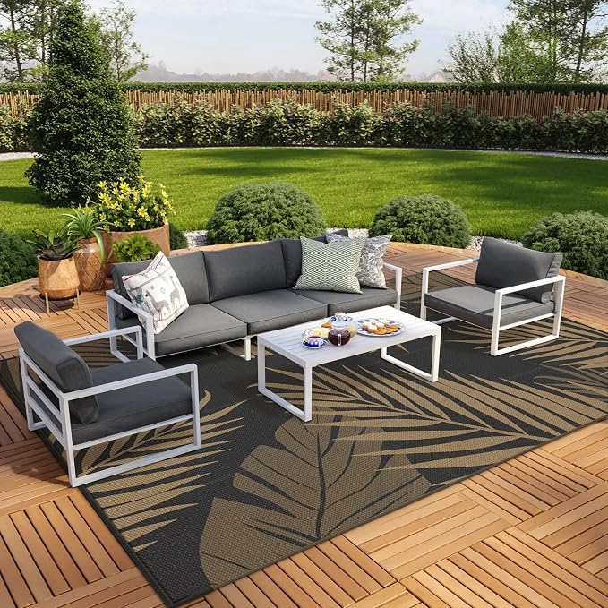 GENIMO Outdoor Rug, Waterproof Plastic Rugs 9'x18' for Camping Black Brown | Outside Larger Leaf Carpet Mat for Patio Decor, RV, Porch, Camper, Deck, Picnic, Beach, Backyard, Reversible, Foldable