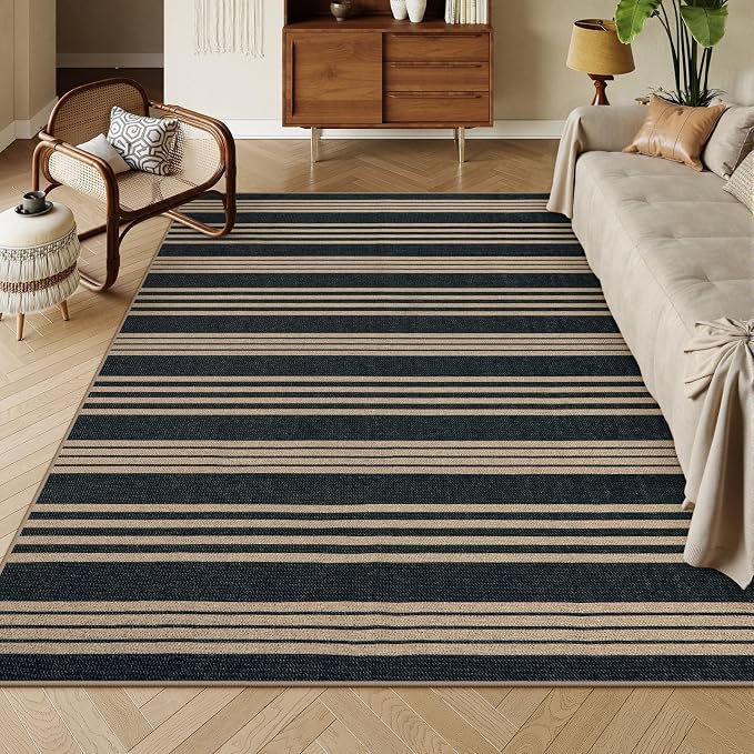 Lahome Striped Easy Jute Living Room Rug, 6x9 Outdoor Area Rugs Washable | Porch Patio Rug Black, Modern Farmhouse Neutral Non Slip Stain Resistance Indoor Carpet for Dining Under Table Mudroom