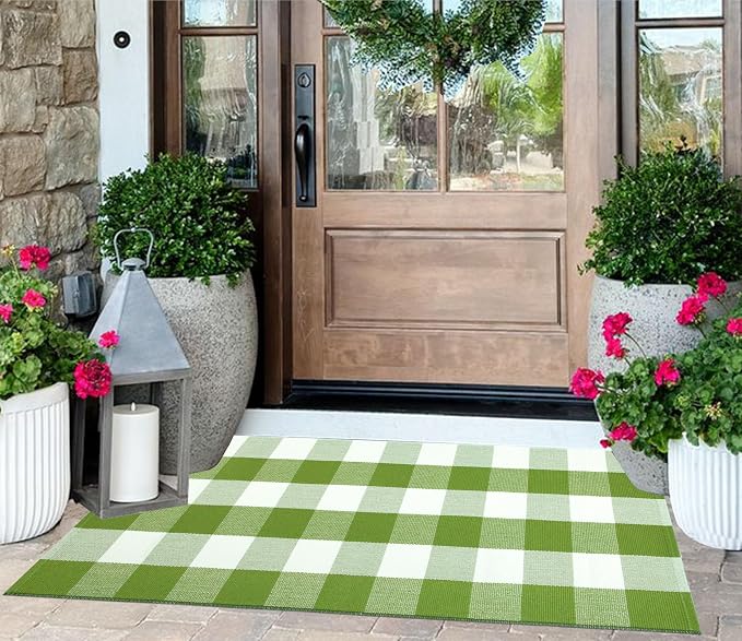 Green and White Front Porch Rug 2'X4.3'Buffalo Plaid Checked Outdoor Rug Cotton Woven Washable Layering Door Mat for Welcome Mat Entryway Bedroom Living Room