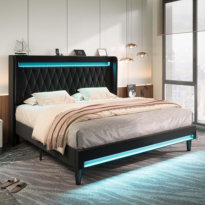 Allewie King Size Upholstered Bed Frame with LED & Charging Station, Black | Customizable LED lights, charging station, tufted wingback headboard, noise-reducing support, and no box spring needed.
