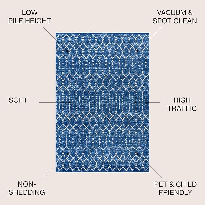 JONATHAN Y Boho Vintage Diamond Blue/White Indoor Area Rug 3X5 ft, Moroccan Hype for Living Room, Bedroom, Kitchen, Office, Easy-Cleaning, High Traffic, Pet-Friendly, Non-Shedding (MOH101A-3)