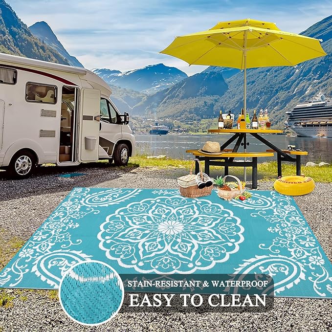Pauwer Outdoor Rug 10x14, Waterproof Plastic Straw Camping Rug, Boho Teal | Reversible Patio Rug, UV Resistant Indoor Outdoor RV Mat Carpet For Deck, Camper, Porch, Balcony, Backyard, Picnic, Foldable