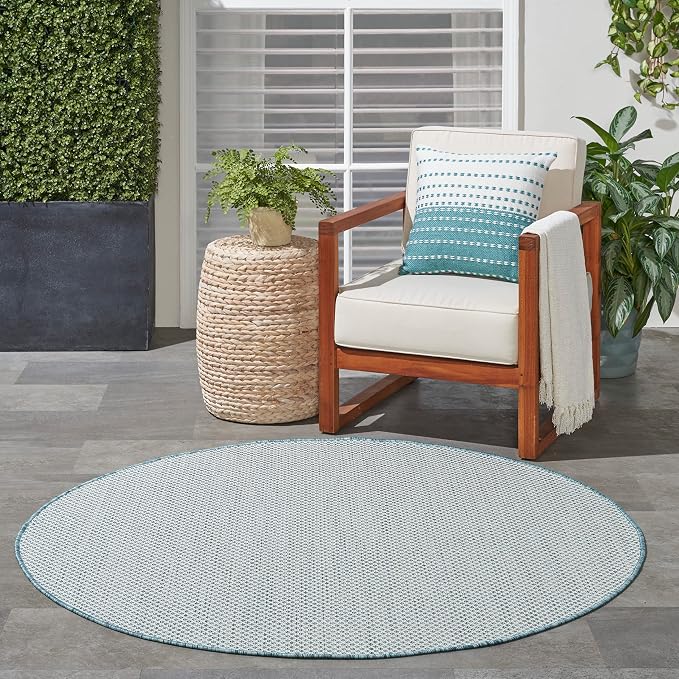 Nourison Home Courtyard Ivory Aqua 4' x Round Area Rug - Easy Clean, Non Shedding, Bed Room, Living Room, Dining Room, Kitchen (4' x Round)