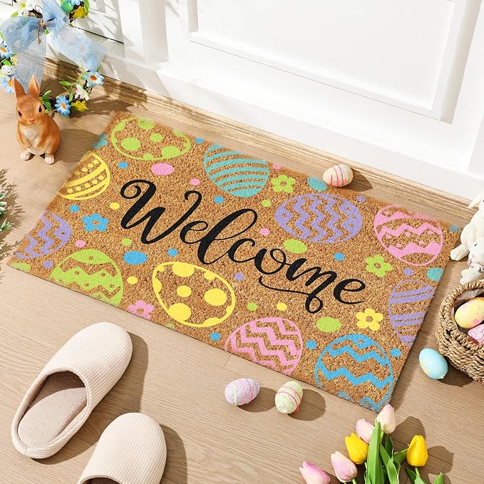 Ceenna Easter Welcome Doormat Outdoor Easter Egg Coir Door Mat Egg Front Door Mat Decor Non Slip Front Porch Rugs for Home Entrance Decoration, 16 x 28 Inch