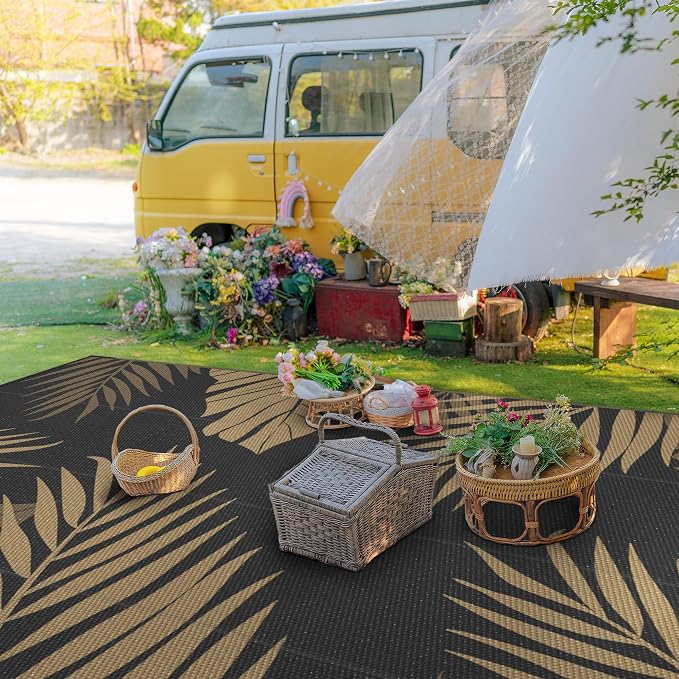 GENIMO Outdoor Rug, Waterproof Plastic Rugs 9'x18' for Camping Black Brown | Outside Larger Leaf Carpet Mat for Patio Decor, RV, Porch, Camper, Deck, Picnic, Beach, Backyard, Reversible, Foldable
