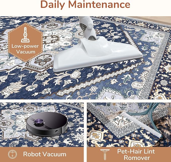 OPPODREAM Soft Area Rugs 9x12 Living Room, Washable Rugs 9x12 with Non Slip Backing, Faux Cashmere Low-Pile 9 x 12 Carpet, Navy Blue & Gold
