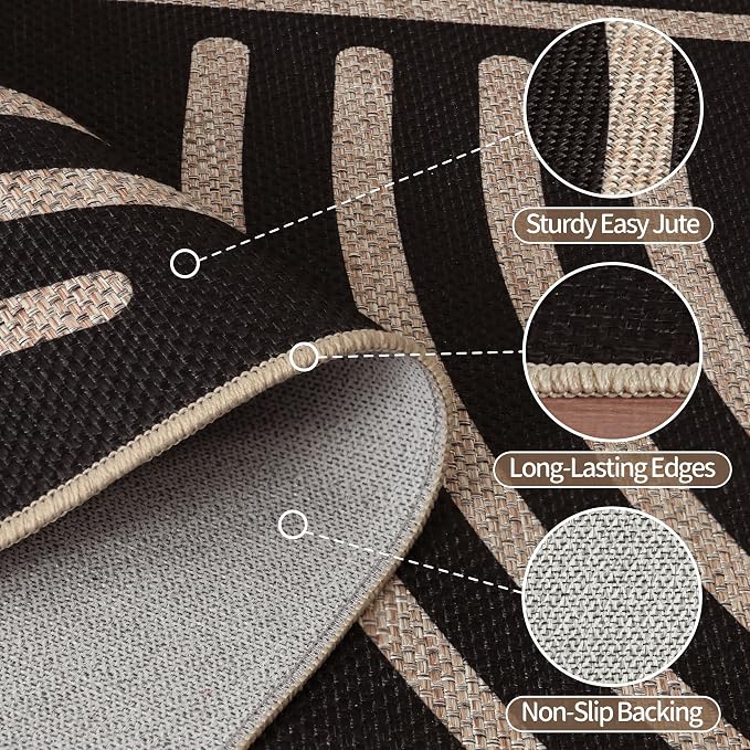 Easy Jute 6x9 Black Outdoor Patio Rug Machine Washable Boho Carpet