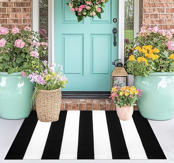 Black and White Striped Rug Doormat 24"x35" Washable Front Porch Rug Farmhouse Layered Door Mats Outdoor