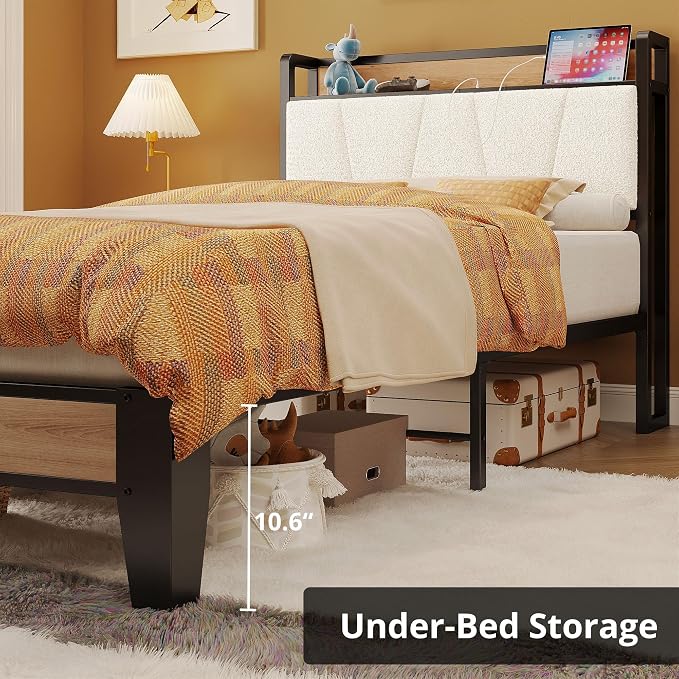 LIKIMIO Twin XL Bed Frames, Storage Headboard with Charging Station, Solid and Stable, Noise Free, No Box Spring Needed, Easy Assembly, Wood and Cream