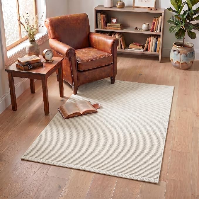 THE BEER VALLEY Hand Woven Area Rug 3x5 Feet - Ivory | Non Slip Indoor Outdoor Kitchen Large Rugs for Living Room, Washable Low Profile Patio Carpet