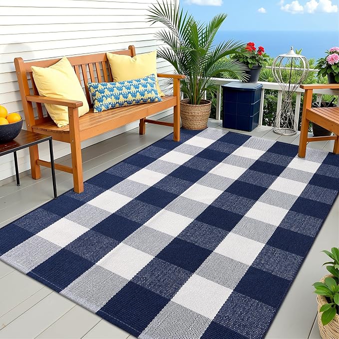 OLANLY Buffalo Plaid Rug 3' x 5' – Navy and White Cotton Checkered Doormat, Washable Indoor Outdoor Rug for Layered Front Porch, Kitchen, Entryway Decor