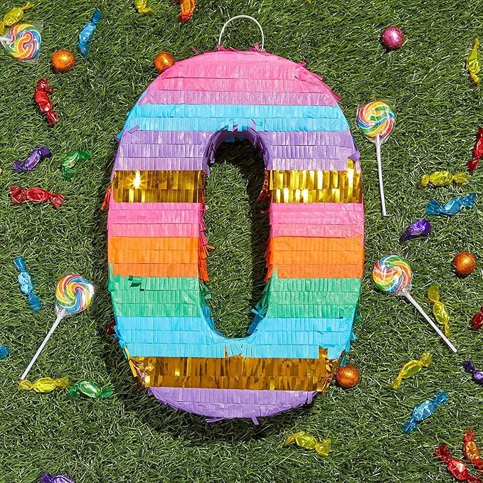 BLUE PANDA Rainbow Pinata Number 0 Butterfly Design - 11.4 x 16.5 x 3 in, Multicolored - Easy-Fill Corrugated Paper Construction - Birthday Celebrations & Rainbow Party Supplies