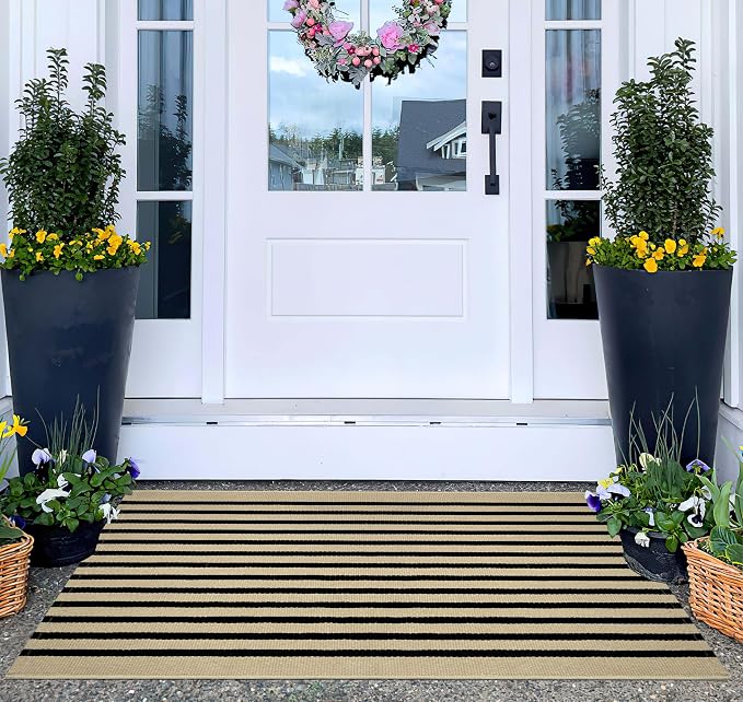 Front Door Mat Outdoor 24"x35", Tan and Black Layered Doormat Cotton Woven Washable Striped Indoor Outdoor Area Rug for Entryway Porch Decor Home Entrance