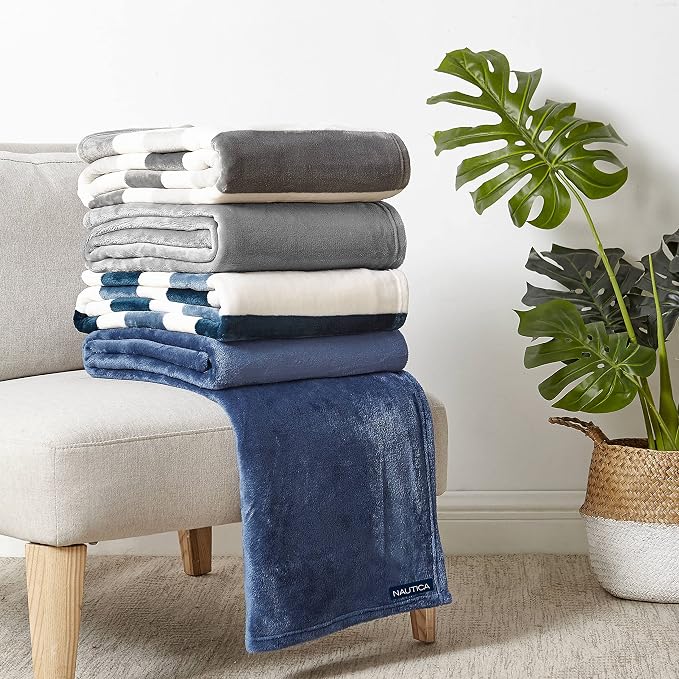 Nautica - Fleece Throw Blanket for Couch 50x60, Ultra Soft Plush Micro Flannel Throw, Lightweight Warm Cozy Blanket, Americana Decor, Perfect for Sofa, Bed, Living Room (Awning Stripe Blue)