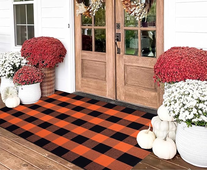 3'x5' Outdoor Rug,Orange and Black Buffalo Plaid Front Porch Rug Farmhouse Cotton Washable Front Door Mat Outdoor for Hallween Mat,Fall,Bedroom,Entryway,Patio