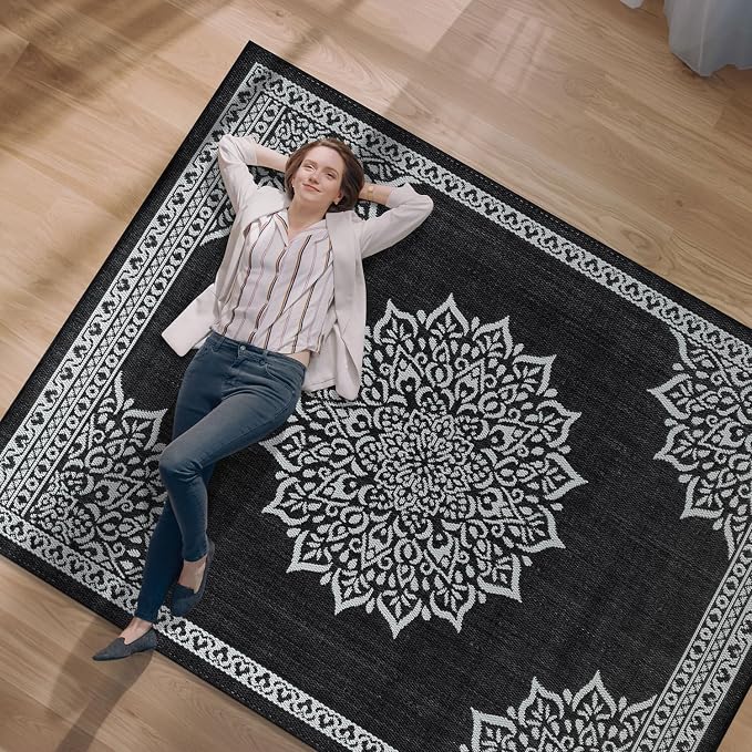 CAMILSON Outdoor Rug, 6x9 Medallion Black White Modern Area Rugs for Indoor and Outdoor Patios, Kitchen and Hallway Mats, Washable Porch Deck Outside Carpet (Medallion Black, 6 x 9)