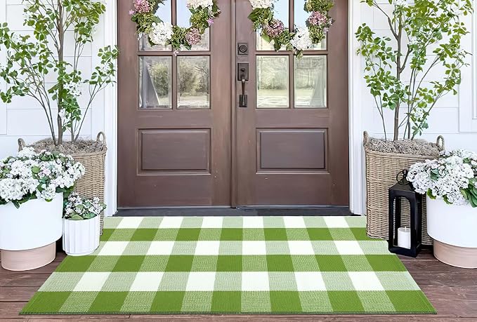 Green and White Front Porch Rug 2'X4.3'Buffalo Plaid Checked Outdoor Rug Cotton Woven Washable Layering Door Mat for Welcome Mat Entryway Bedroom Living Room