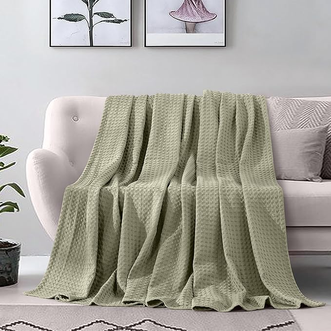 Elegant Comfort Premium 100% Cotton Waffle Blanket - Lightweight Breathable Waffle Weave Bed Blanket - Soft and Warm All Season Blanket for Couch, Sofa and Bed, King Size 90x108 Inches, Sage