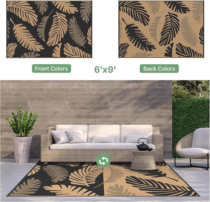 GENIMO Outdoor Rug, Waterproof Plastic Rugs for Patio, 6'x9' Black Brown | Outside Larger Leaf Carpet Mat for Porch Decor, Deck, Balcony, Camping, RV, Backyard, Picnic, Beach, Reversible, Foldable