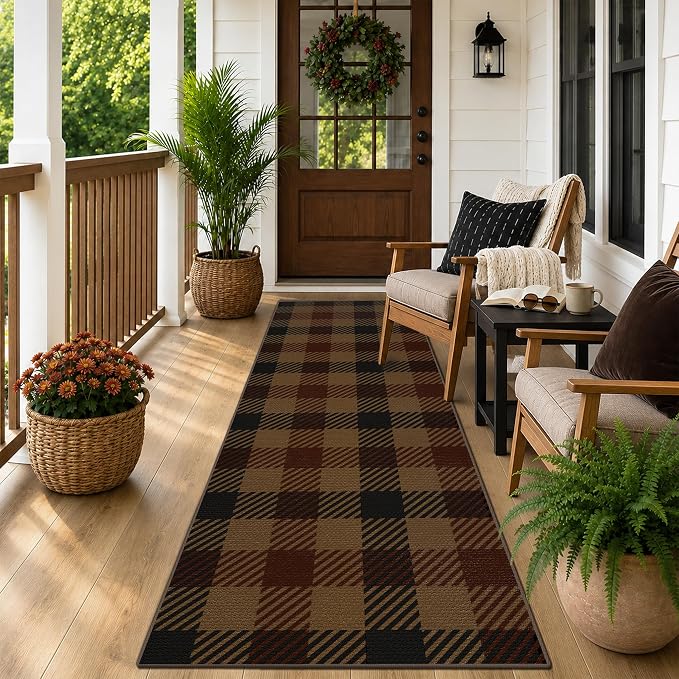 JTJ Outdoor Runner Rug 2x6, Buffalo Plaid Easy Jute Washable Indoor Outdoor Rug, Farmhouse Non Slip Runner Rug for Living Room, Patio, Entryway and Front Door