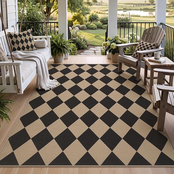 Tribesigns 5x7 Black Checkered Easy Jute Outdoor Patio Rugs for Backyard | Washable, Non-Slip Diamond Rug for Living Room, Porch, Dining Area, Camping, Rv and Indoor Outdoor Use, Includes 4 Rug Tapes