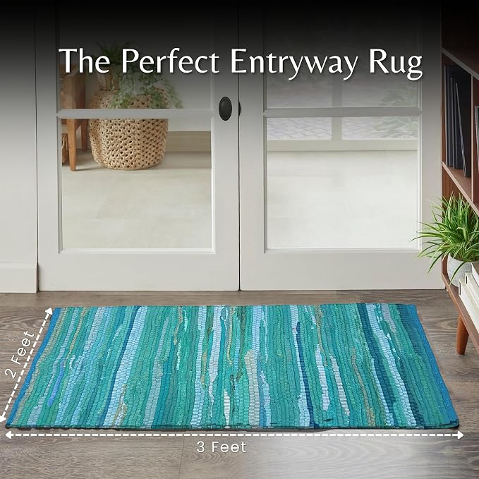 Ramanta Home Hand Woven 100% Cotton Chindi Rag Rug 2'x3' - Teal, Recycled Reversible Rug, Boho Farmhouse Rugs for Living Room, Dinning Room, Kitchen, Entryway, Bedroom Rugs - 24"x36"