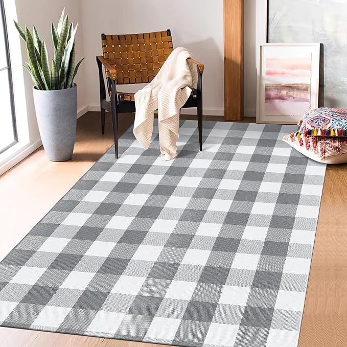 Buffalo Plaid Outdoor Patio Rug 4x6 Feet Buffalo Check Rug Cotton Woven Grey and White Checkered Outdoor Indoor Rug Washable Carpet for Living Room Dining Room Bedroom Farmhouse