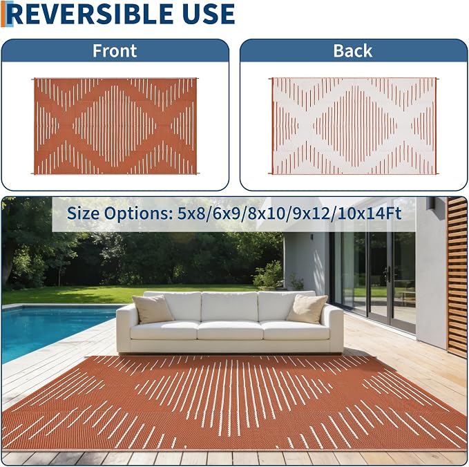 Garvee 10x14 Outdoor Area Rugs Waterproof Easy-Cleaning Plastic Reversible Rugs Indoor Outdoor RV Mat Carpet for Patio Backyard Porch RV Beach Picnic Terracotta White