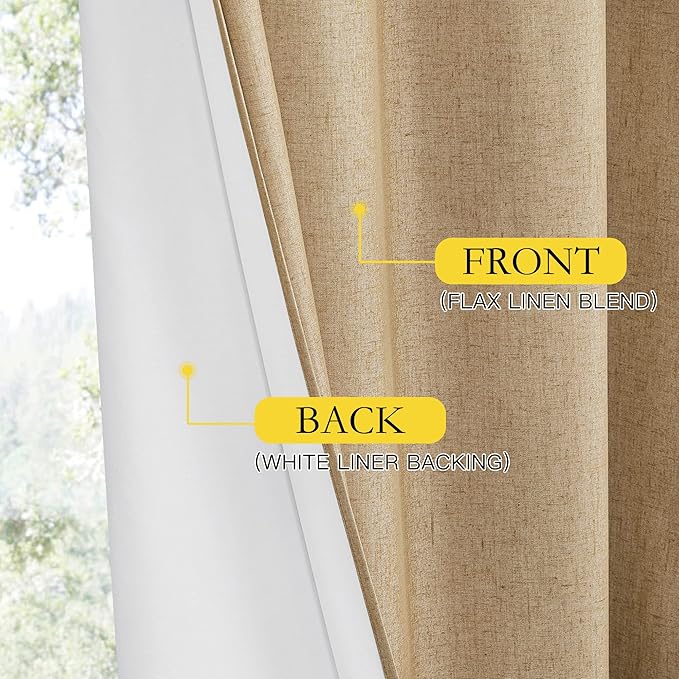 NICETOWN 100% Blackout Camel Linen Curtains 120 inches Length with Thermal Insulated Liners, 2 Panels, 62 inches W, Farmhouse Style Room Cooling Small Window Draperies for Dining Room