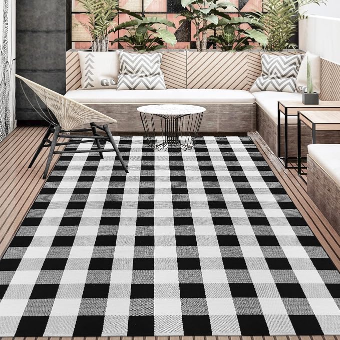 Buffalo Plaid Rug 5x8 Feet Black and White Checkered Area Rug Cotton Indoor Outdoor Washable Farmhouse Decor