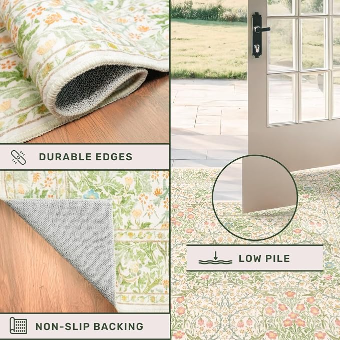 Beige Green 2x8 Rug Runners for Bathroom, Washable Long Floor Runner for Kitchen, Entryway Indoor, Non Skid Rubber Backing Stain Resistant - Vintage Floral Décor