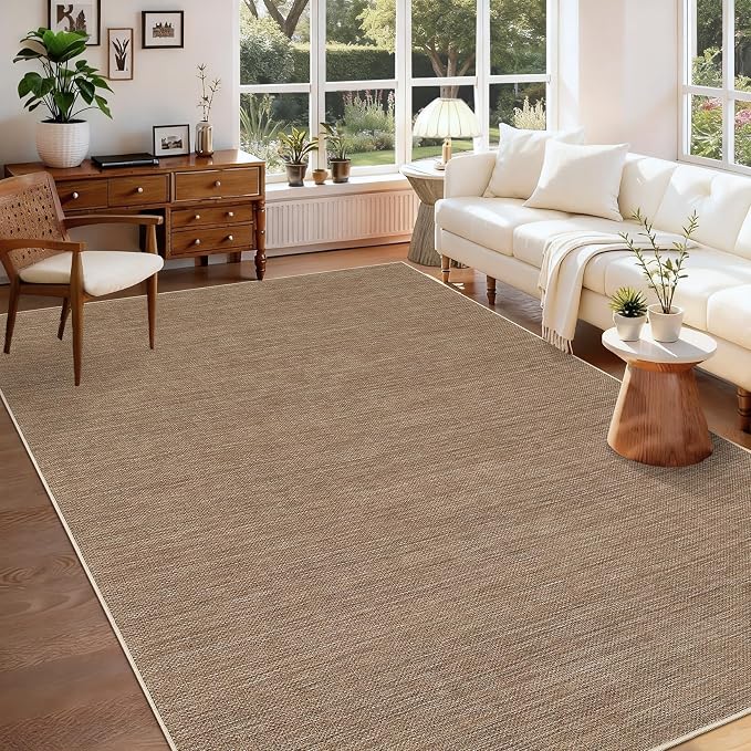 GarveeHome Easy Jute Rug 8x10 Washable Non Slip Solid Brown Living Room Rugs