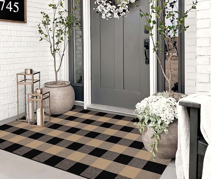 Washable Outdoor Rug 3'x5',Black and Tan Checkered Rug Cotton Woven Washable Farmhouse Front Door Mat Outdoor for Entryway,Patio,Bedroom,Hello Welcome Mat