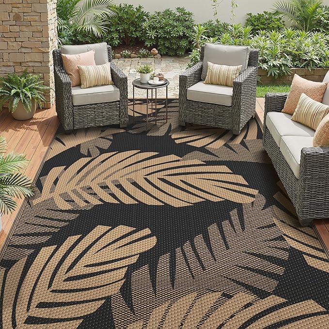 GENIMO Outdoor Rug, Waterproof Plastic Rugs for Patio, 6'x9' Black Brown | Outside Larger Leaf Carpet Mat for Porch Decor, Deck, Balcony, Camping, RV, Backyard, Picnic, Beach, Reversible, Foldable