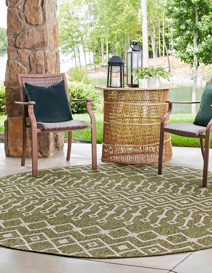 Unique Loom Outdoor Trellis Collection Area Rug - Tribal Trellis (5' 3" Round, Green/ Natural)