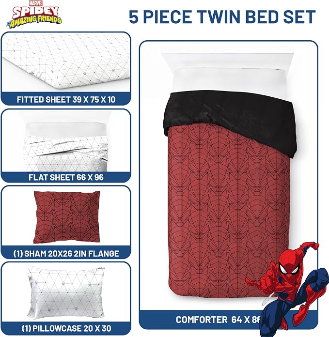 Marvel Spiderman Twin Comforter Set 5 Piece Bedding for Boys, Red | Bed in a Bag, Comforter Sheets Sham Pillowcase, Official Product, Soft Microfiber, Machine Washable, Easy Care, Boys Gift