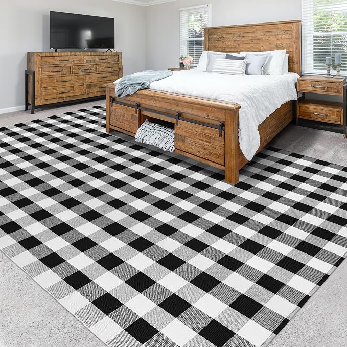 Buffalo Plaid Rug 8x10 Feet Cotton Woven Black and White Check Washable Indoor Outdoor Carpet for Living Room Farmhouse Bedroom Patio