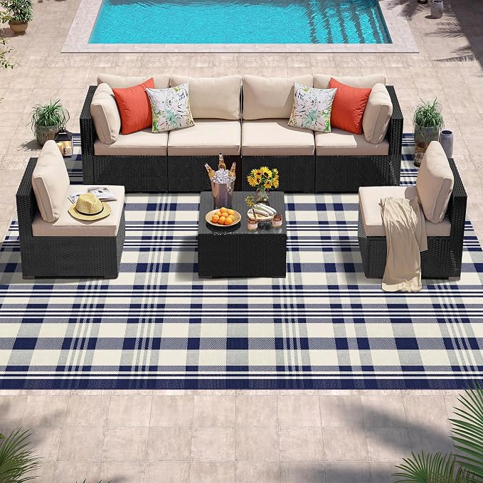 Buffalo Plaid Rug 8x10 Cotton Buffalo Check Rug Navy and Off White Woven Retro Checkered Outdoor Carpets Washable Indoor Outdoor Area Rug for Living Room Bedroom Farmhouse Patio