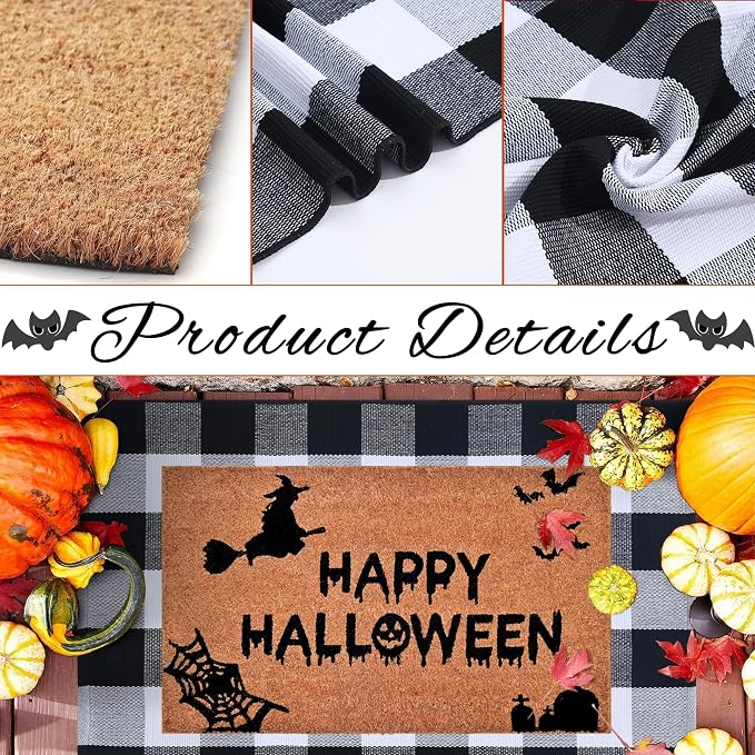 Halloween Decor Doormat Combo Set, 100% Coco Coir Welcome Mat + 3' x 5' Black and White Plaid Rug - Halloween Fall Front Porch Entryway Decor Floor Mat, Indoor Outdoor Autumn Mats Happy Halloween
