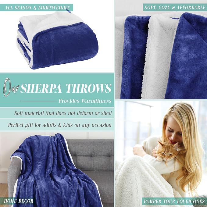 Elegant Comfort Throw Blanket, Reversible Sherpa Flannel, Ultra-Soft, Fuzzy, Cozy and Plush- All Season Lightweight Decorative Throw, 50 x 60 inches, Solid Sherpa Throw, Royal Blue