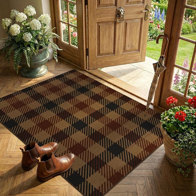 3x4 Entryway Door Mat Indoor – Washable Non Slip Small Rug for Front Door, Kitchen Sink, Mudroom, Garage Entry, Low Profile Easy Clean Farmhouse Plaid Floor Mat