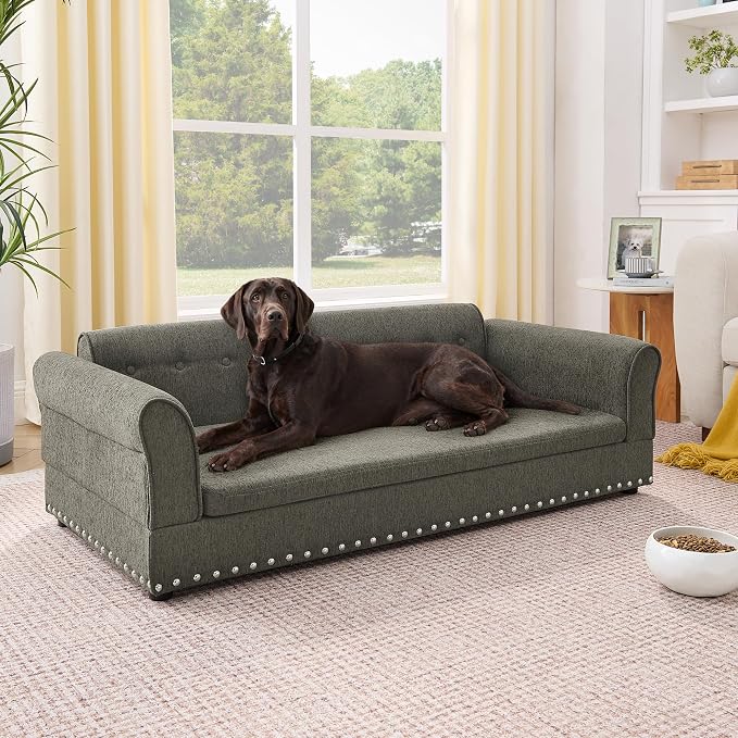 Elevated Dog Sofa for Medium to Large Dogs, Button Tufted Dog Couch Bed with Backrest and Armrests, Durable Memory Foam Pet Bed, Removable Cushion for Medium and Large Dogs, Dark Grey